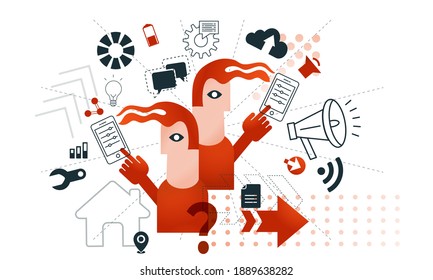Two red characters typing on the smartphone. Abstract concept of the digital world. Online communication in today's world. Flat web icons vector.