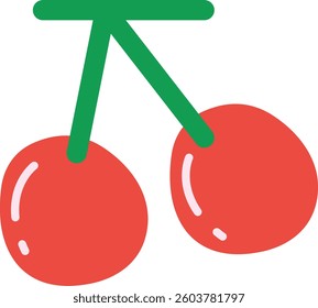 Two red cherries connected by green stems, depicted with a glossy shine to indicate freshness, offering a stylized and vibrant representation of the fruit.