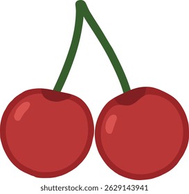 Two red cherries connected by green stems, vector illustration.