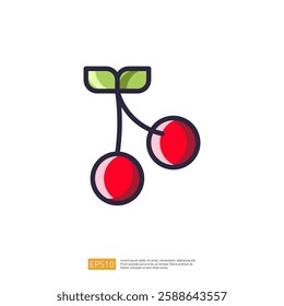 Two Red Cherries Fruit and Healthy Food. Simple Minimalist Vector Flat Outline. Fresh Fruit Illustration Icon