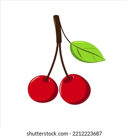 Two red cherries with a green leaf. Flat style. Vector illustration.