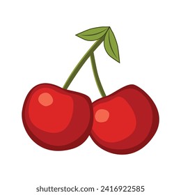 Two Red Cherries With Green Leaves Icon Vector Illustration