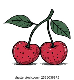 Two Red Cherries with Green Leaves and Stems