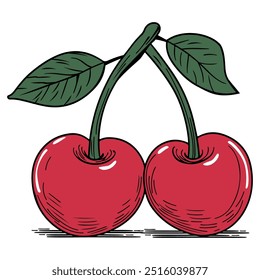 Two Red Cherries with Green Leaves and Stems