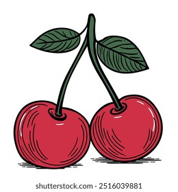 Two Red Cherries with Green Leaves and Stems