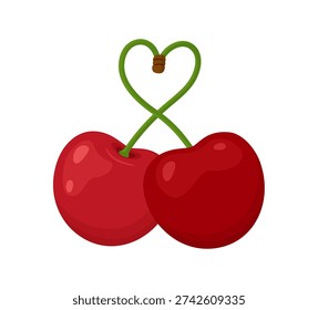 Two red cherries with green stems forming heart shape. Hand drawn trendy flat style isolated. For stickers, menus, posters, summer, romantic design, food apps, Valentines Day. Vector illustration