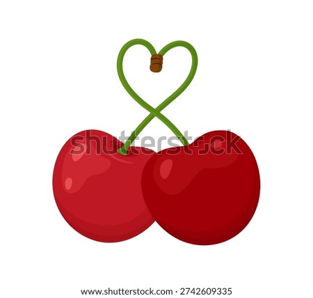 Two red cherries with green stems forming heart shape. Hand drawn trendy flat style isolated. For stickers, menus, posters, summer, romantic design, food apps, Valentines Day. Vector illustration