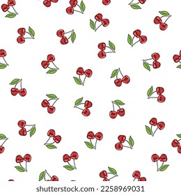 two red cherries hand drawn. seamless pattern on a white background