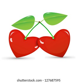Two red cherries in a heart shape on white background