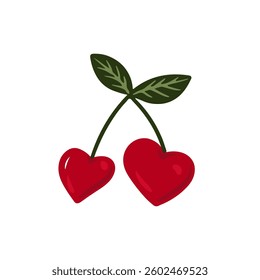 Two red cherries in heart shapes connected by a green stem with leaves, clip art isolated on white. Vector illustration