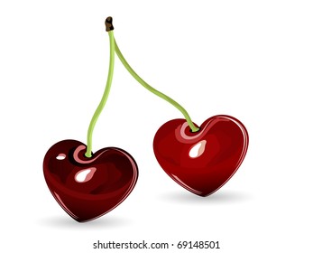 Two red cherries as hearts