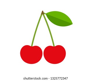 Two red cherries with leaf icon. Vector illustrartion.