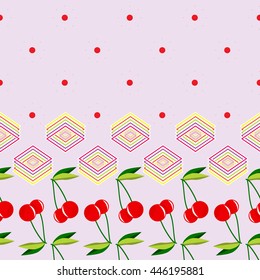 Two red cherries with leaves and geometric elements on a violet background pattern