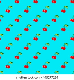 Two red cherries with leaves on blue background seamless pattern.