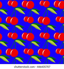 Two red cherries with leaves on blue background seamless pattern.