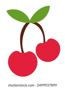 Dos cerezas rojas en la rama con hojas. Ilustración vectorial plana de frutas.
