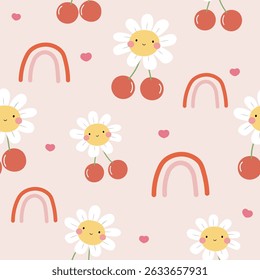 Dos cerezas rojas en la rama con una flor, arco iris y corazón sin patrón, Vector, ilustración