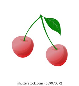 Two red cherries on a green stem. On a white background.