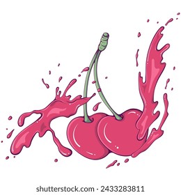 Dos cerezas rojas en un tallo con jugo salpicado. Gotas líquidas. Ilustración vectorial en estilo dibujado a mano. Cierre el ingrediente de fruta dulce para el jugo fresco aislado en blanco