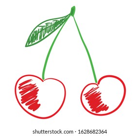 Two red cherries on a twig. Vector illustration