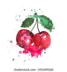 Two red cherries are splashed with watercolors on a white background. Bright sweet color. Sweet fruit. Vector