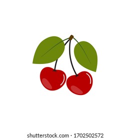 Two red cherries with a stalk and leaves, a symbol of summer, design of ripe berries. Vector illustration isolated.