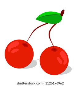 Two red cherry - fresh fruit, natural berry. Modern flat cartoon style vector illustration icons. Isolated on white background. couple berry -red cherry. Fresh shiny cherry.