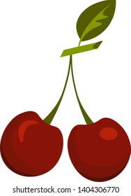 Two red cherry with a leaf, vector, color drawing or illustration. 