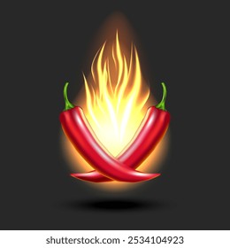 Two red chili peppers crossed in front of flames fiery realistic vector illustration, symbolizing heat, spice, bold flavors, for hot sauce branding, spicy food promotions, or cooking-related.