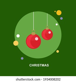 two red Christmas balls hanging on green background flat concept design