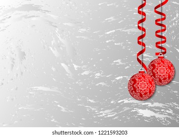 Two red Christmas balls on frosty winter background. Template for design of New Year or Christmas greeting card, cover, wallpaper, flyer. Vector illustration.