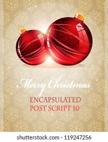Two red Christmas baubles on a beige background with transparent snowflakes