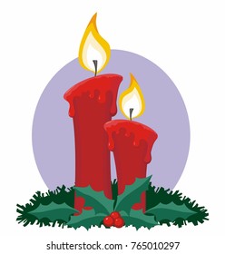Two Red Christmas Candles on Green Wreath with Holly Cartoon Illustration