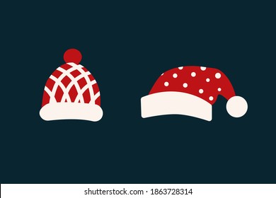 two red Christmas hats with stripes and white circles for Christmas