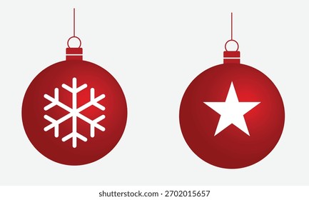 Dos adornos rojos de la Navidad con el copo de nieve y los diseños de la estrella que cuelgan