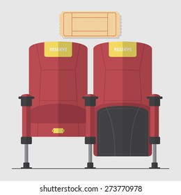 Two red cinema chair in flat design with blank movie ticket. Vector. Illustration.
