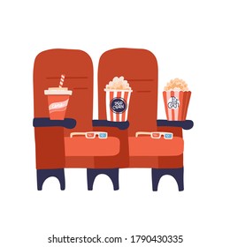 Two red cinema seats with popcorn drinks and glasses. Vector flat hand drawn illustration