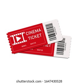 Two red cinema tickets isolated on white background. Close up top view on two movie tickets. Realistic front view. Coupon of concert, theatre or film. Cards entrance with row and seat numbers. Vector.