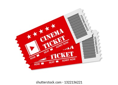 Two red cinema tickets on white background isolated or movie time realistic style.