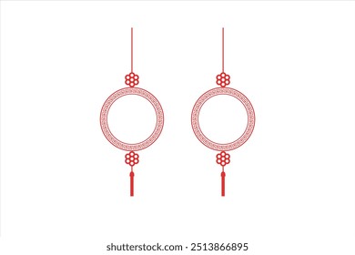 Two red circular ornaments with Greek key pattern and floral accents, hanging in a minimalist style.