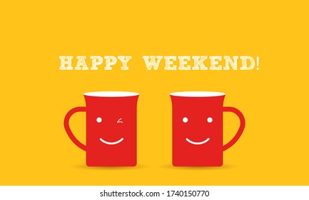 Two red coffee mugs with a smiling faces on a yellow background with phrase Happy tuesday. Happy coffee mugs.
