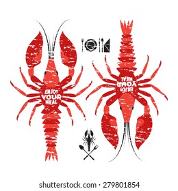 Two red craw fish. Vector lobster illustration. Cutlery, napkin, logo Crayfish.