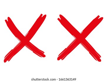 Two red crosses on white background. Red handwritten mark X made with brush strokes. Error symbol, rejected sign, ban icon, rough fail. Draw cross in grunge style. Response check. Danger icon. Vector.