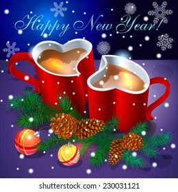 Two red cups of coffee in the form of hearts on New Year's table, near a Christmas tree. vector