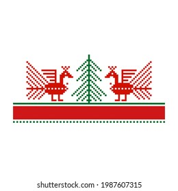 Two red decorative birds, green spruce, red and green horizontal stripes and squares on a white background. Vector illustration. Cross stitch pattern. 