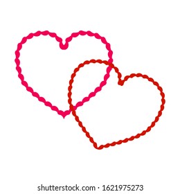 Two red decorative heart on white background sign. Symbol linked, join, love, passion and wedding. Template for t shirt, apparel, card, poster, valentine day. Design element. Vector illustration