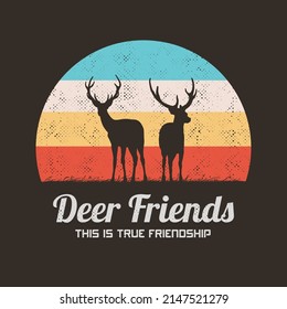 Two red deers. Animal couple silhouette. Retro vintage t-shirt design