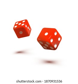 Two red dice cubes for gambling. Casino craps and playing games vector illustration. Poker cubes rolling with shades, random numbers with dots isolated on white background.