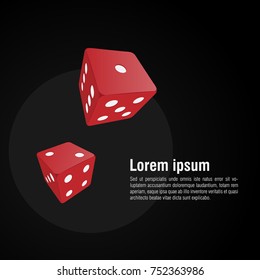 Two red dice on a dark background. Casino. Gambling. Place for text