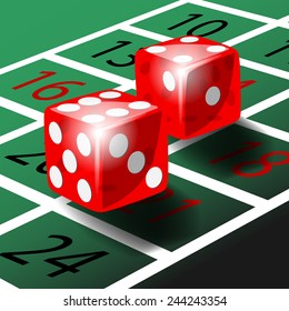Two red dice with shadow on green roulette table illustration vector